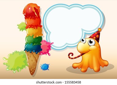 Illustration of a monster celebrating beside the giant icecream