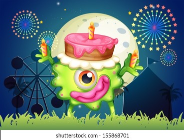 Illustration of a monster celebrating a birthday near the carnival