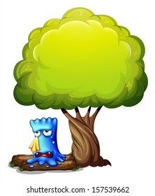 Illustration of a monster crying under the tree on a white background