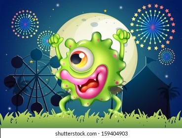 Illustration of a monster dancing at the carnival in the middle of the night