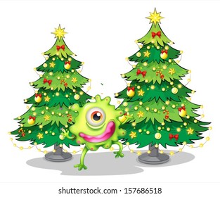 Illustration of a monster dancing in front of the christmas trees on a white background