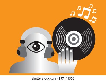 Illustration of monster DJ holding vinyl record in his hand. Vector EPS 10. 