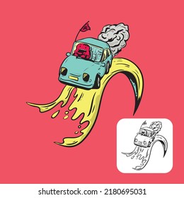Illustration of monster driving car on wave road. available in line art style. good for kids color book vector eps 10