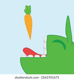 illustration of a monster eating carrots. a nice green monster that is eating vegetables. suitable for children