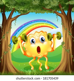 Illustration of a monster exercising in the forest with a rainbow in the sky