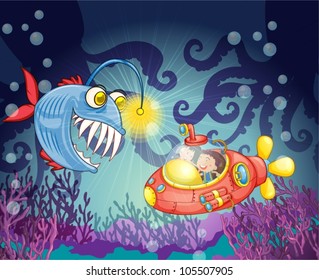 illustration of a monster fish and submarine in water