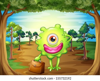 Illustration of a monster at the forest holding a bag