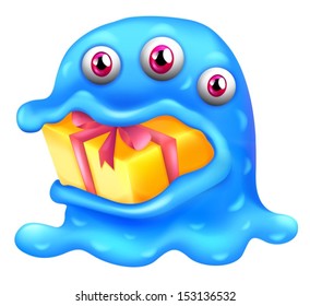 Illustration of a monster with a gift in his mouth on a white background