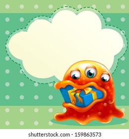 Illustration of a monster with a gift inside the mouth and an empty cloud template at the back