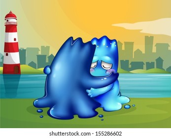 Illustration of a monster giving a shoulder to cry on for a friend