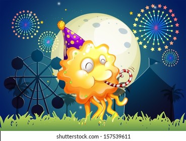 Illustration of a monster with a hat standing in front of the carnival