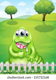 Illustration of a monster at the hilltop eating a lollipop