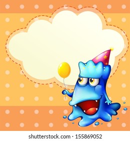 Illustration of a monster holding a balloon standing in front of the empty cloud template