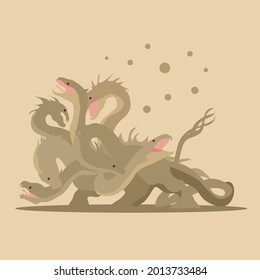 Illustration of monster hydra, in Greek and Roman mythology, a multi-headed serpent, monster crouching ready to attack set on isolated white background done in flat cartoon style. 