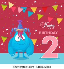 illustration with a monster on the day of birth, 2 years old, vector