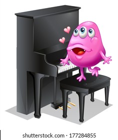 Illustration of a monster playing with the piano on a white background