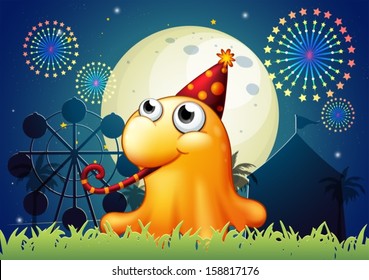 Illustration of a monster with a red hat and a lollipop standing in front of the carnival