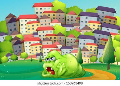 Illustration of a monster resting at the hilltop across the village