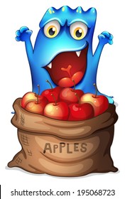 Illustration of a monster and a sack of apples on a white background