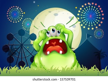 Illustration of a monster shouting in front of the amusement park