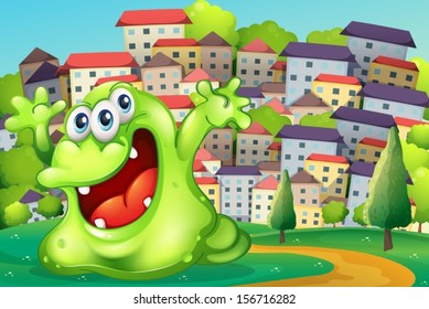 Illustration of a monster shouting for joy at the hilltop across the tall buildings