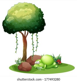 Illustration of a monster sleeping under the tree on a white background