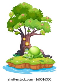 Illustration of a monster sleeping under the treehouse in the island on a white background