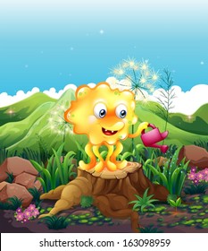 Illustration of a monster standing above the stump while watering the plants