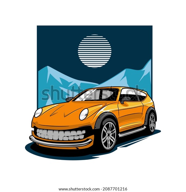 Illustration of monster SUV car in winter\
season, perfect for t-shirt. Cartoon car\
character.