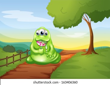 Ilustración de un monstruo caminando mientras se come una piruleta
