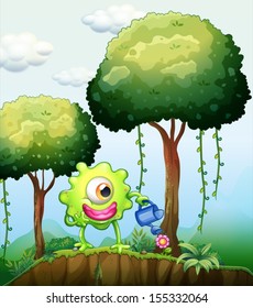 Illustration of a monster watering the plants in the forest