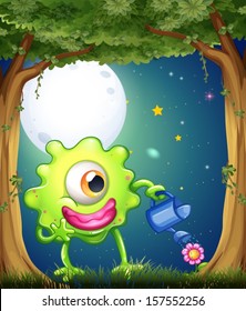 Illustration of a monster watering the plants in the middle of the night at the forest