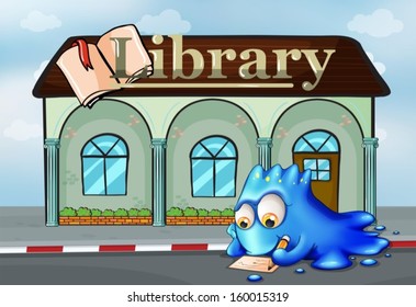 Illustration of a monster writing in front of the library