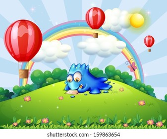Illustration of a monster writing at the hilltop with floating balloons