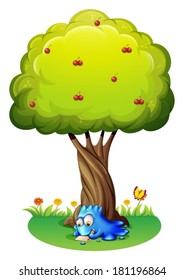 Illustration of a monster writing under the tree on a white background