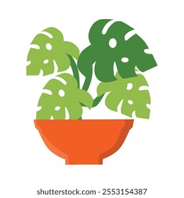 An illustration of a Monstera plant with large, green leaves featuring distinctive holes and splits, in an orange pot with a geometric design. Ideal for themes of nature, decor, and botany