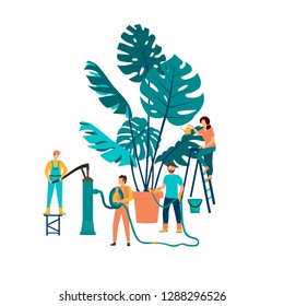 ПечатьVector Illustration Of Monstera Plant In A Pot. Gardeners Look After The Garden, Growing And Studying Plant, A Man Watering With A Hose Plant.