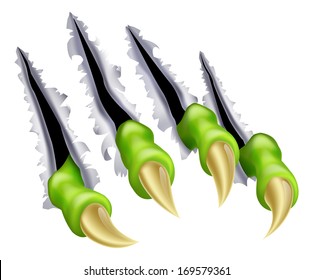 An illustration of a monsters claw hand tearing through the background causing rips or scratches