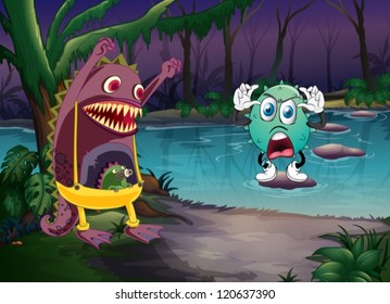 illustration of monsters and a river in a beautiful nature