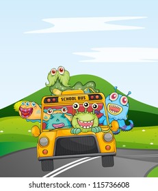 illustration of monsters in schoolbus on road