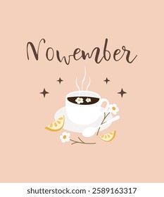 Illustration of the month of November on a pale pink background.