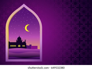 Illustration for month of Ramadan, Mosque on desert seen through mosque window