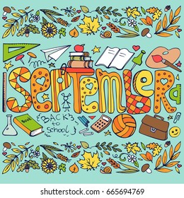 Illustration of the month "SEPTEMBER" hand-drawn in vector. Image can be used for web site background, on banners, invitations, print, poster and on your other designs.