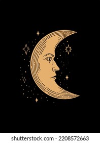 Illustration of the month in the starry sky. Hand-drawn celestial illustrations depicting the moon and stars. Design elements for decoration in modern style. magical drawings. Vector modern print.