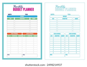 An Illustration of Monthly Budget Planner Templates in cmyk mode. Ready to print. This image showcases budget planner templates to help individuals organize their finances by categorizing incomes