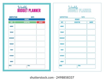 Una ilustración de las Plantillas del planificador de presupuesto mensual en modo cmyk. Listo para imprimir. Esta Imagen muestra Plantillas de planificadores presupuestarios para ayudar a las personas a organizar sus finanzas clasificando los ingresos 