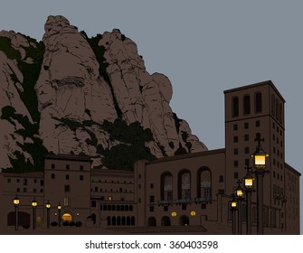 Illustration Montserrat Monastery in the mountains in Spain