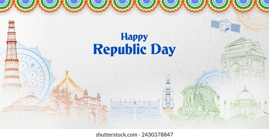 illustration of monument on banner with Indian flag for 26th January Happy Republic Day of India