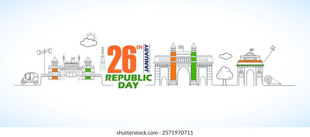 illustration of monument on banner with Indian flag for 26th January Happy Republic Day of India