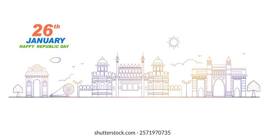 illustration of monument on banner with Indian flag for 26th January Happy Republic Day of India